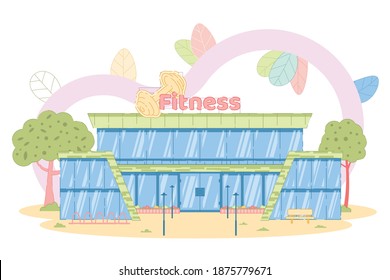 Fitness Center. Architecture Sport Building Facade. Gym Exterior. Construction for Pilates and Gymnastic Training, Athletics Activity and Bodybuilding, Muscle Pumping or Exercise. Vector Illustration