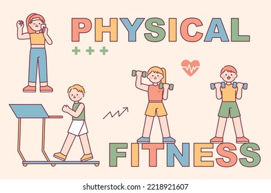 fitness center. Cute character people are exercising with exercise equipment. flat vector illustration.