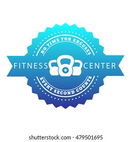 Fitness Center emblem, badge with kettlebells, isolated on white, vector illustration