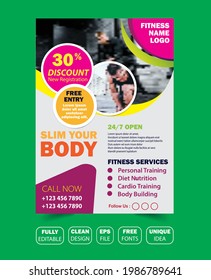 Fitness center flyer design. Modern brochure design for gym. Sport vector eps template design. Health poster, web banner design. 