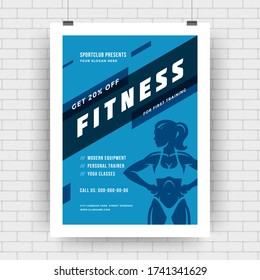 Fitness center flyer modern typographic layout event cover design template with woman silhouette. Vector Illustration.