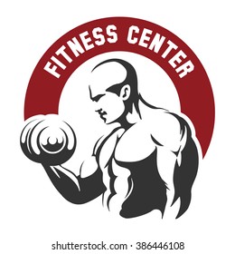 Fitness Center or Gym club Emblem. Sportsman with dumbbells. Sport Fitness club creative concept. Bodybuilder Fitness Model Illustration, Sign, Symbol, badge.