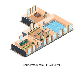 Fitness center. Gym club and pool interior rooms with equipment cardio exercise aerobic training spa salon isometric vector