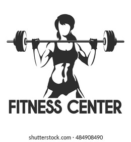 Fitness Center or Gym emblem. Sporty woman silhouette with barbell. Power lifting exercises concept. Vector illustration.