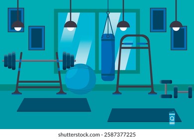 Fitness center or gym interior with weight, mats, dumbbells, punching bag, sipper, yoga ball and workout machines vector illustrations