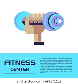 Fitness center. Hand holding a dumbbell. Vector illustration. Isolated on a white background.