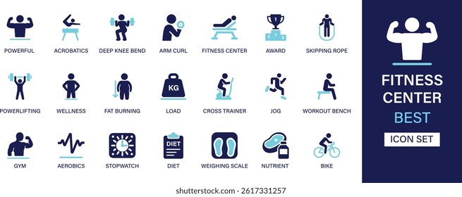 Fitness center icon set collection. Powerful, acrobatics, deep knee bend, fitness center, award, skipping rope, powerlifting, wellness, load and best solid icon set.