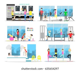 Fitness center interior. People do exercises, train a lot and become fit and healthy. Training with weights, fitball and in swimming pool on white background.