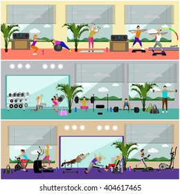 Fitness center interior vector illustration. People work out in gym horizontal banners. Sport activities concept. Yoga, fitness, gym. 