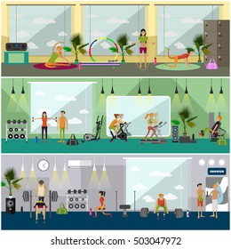 Fitness center interior vector illustration. People work out in gym horizontal banners. Sport activities concept. Yoga, fitness, gym.