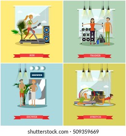 Fitness center interior vector illustration. People work out in gym. Sport activities concept. Yoga, fitness, gym.