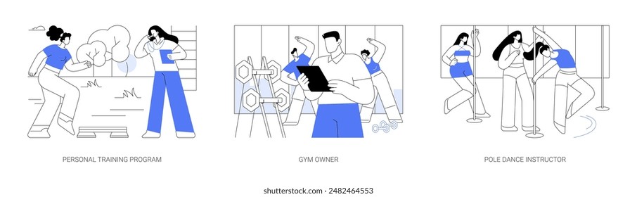 Fitness center isolated cartoon vector illustrations set. Personal training program, sporty gym owner, professional personal instructor, pole dance classes, sport and wellness vector cartoon.