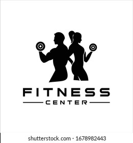 Fitness Center logo. Sport and fitness logo Design . Gym Logo Icon Design Vector Stock, or emblem with woman and man silhouettes. Woman and Man holds dumbbells. Isolated on white background