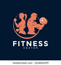 Fitness Center Logo. Sport and fitness logo design. Gym Logo Icon Design Vector Stock, or emblem with woman and man silhouette. Woman and Man holding dumbbells.