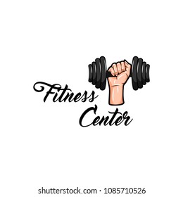 Fitness center logo. Sport equipment badge. Fitness club label. Hand holding weight. Vector illustration.