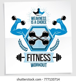 Fitness center marketing banner. Vector composition created using athletic sportsman biceps arms with fitness dumbbells sport equipment. Weakness is a choice lettering.