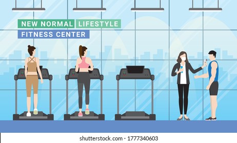 Fitness center new normal lifestyle after pandemic COVID-19 coronavirus. Woman running on treadmill. Social distancing, Thermal check and Hand sanitizing at entrance. Flat design style illustration.