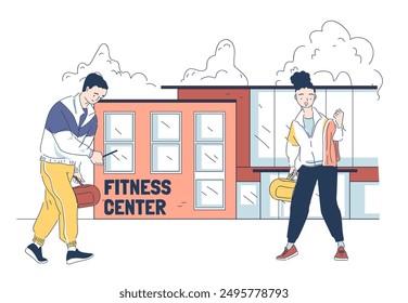 Fitness center people. Man and woman with bag of sports equipment standing near gym. Active lifestyle, workout, fitness and sports. Athletes and sportsman. Linear vector illustration