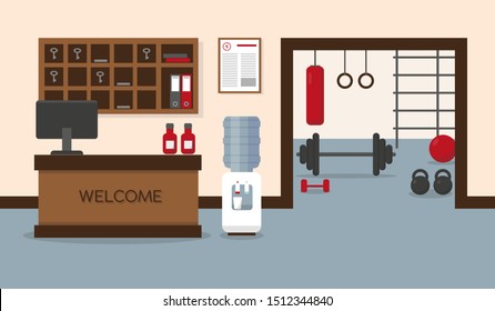 Fitness center reception. Gym interior with workout equipment. Vector illustration.