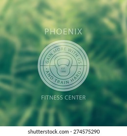 Fitness Center round white Logo on green blur background, vector illustration, 