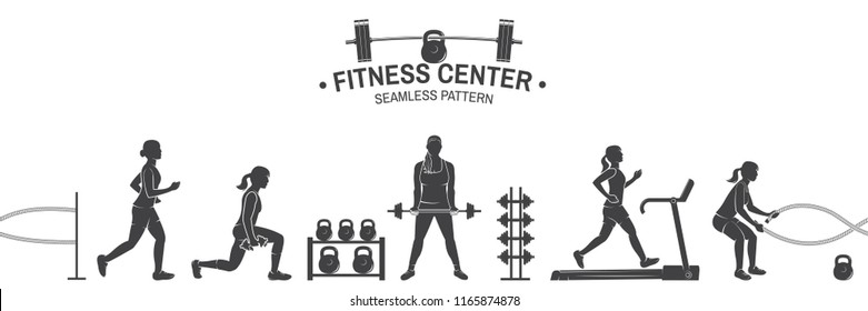 Fitness center seamless pattern or background. Vector illustration. For design fitness centers, gyms. Girl running, girl workout with barbell and do deadlifts. Gym wallpaper.
