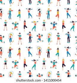 Fitness center seamless pattern vector illustration. Sport club background