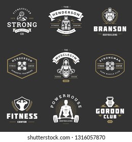 Fitness center and sport gym logos and badges design set vector illustration. Retro typographic labels with sport equipment signs and silhouettes.