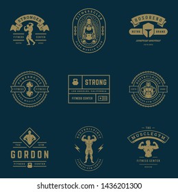 Fitness center and sport gym logos and badges design set vector illustration. Retro typographic labels with sport equipment signs and silhouettes.