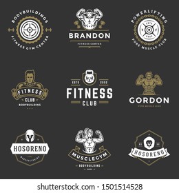 Fitness center and sport gym logos and badges design set vector illustration. Retro typographic labels with sport equipment signs and silhouettes.