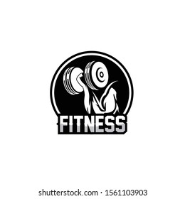Fitness center and sport gym logos with sport equipment signs and silhouettes.
