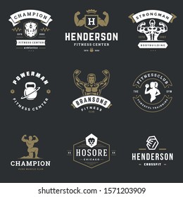 Fitness center and sport gym logos and badges design set vector illustration. Retro typographic labels with sport equipment signs and silhouettes.