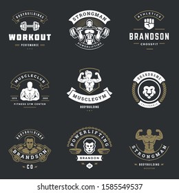 Fitness center and sport gym logos and badges design set vector illustration. Retro typographic labels with sport equipment signs and silhouettes.