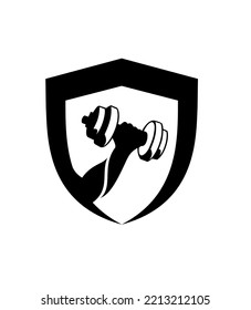 Fitness center and sport gym logos with sport equipment signs and silhouettes.