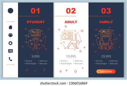Fitness center subscription prices onboarding mobile app screens templates. Student, family, adult tariff plans. Walkthrough website interface. Gym membership cost. Smartphone payment web page layout