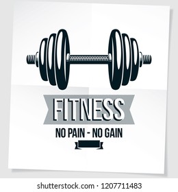 Fitness center vector marketing banner composed using disc weight dumb-bell sport equipment. No pain no gain writing.