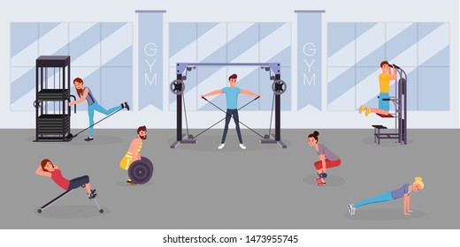 Fitness center workout flat vector illustration. Happy sportsmen, sportswomen training with gym equipment cartoon characters. Sport club interior, healthy lifestyle, bodybuilding activities