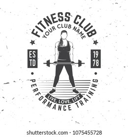 Fitness centre badge. Vector. For fitness centers emblems, gym signs and others related health and gym business. Girl doing exercises with barbell. Women workout with barbell.