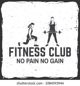 Fitness centre badge. Vector. For fitness centers emblems, gym signs and others related health and gym business. Woman with dumbbells. Girl doing exercises with barbell.