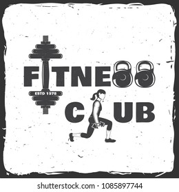 Fitness centre. Vector. For fitness centers emblems, gym signs and others related health and gym business. Woman with dumbbells. Concept for shirt or print, stamp, patch or tee.