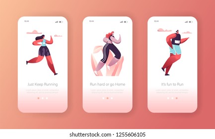 Fitness Character Running Mobile App Onboard Screen Page Template Set. Cardio Sport Training Workout. Healthy Lifestyle Concept for Website or Web Page. Flat Cartoon Vector Illustration