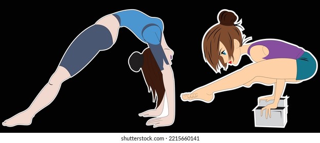 Fitness character set vector design. Beautiful young women do fitness activities. Woman's sports activities. Beautiful young women do fitness activities and yoga exercises 