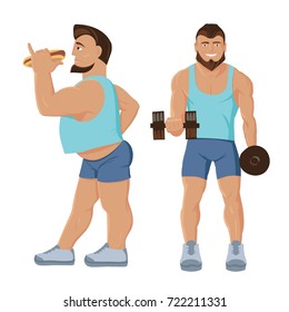 Fitness characters set with strong handsome man holding dumbbells and fat man eating unhealthy food isolated vector illustration