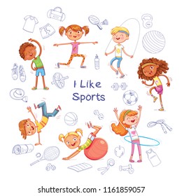 Fitness. Children are engaged in different kinds of sports on the background of various sports equipment. Funny cartoon character. Sports items on a sheet of exercise book. Isolated white background