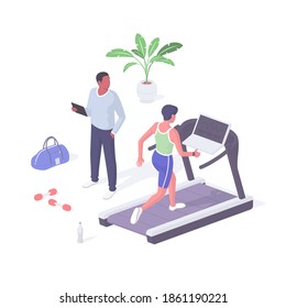 Fitness class cardio machine realistic isometry. Female character on treadmill increases walking pace. Male trainer with tablet monitors state body. Athletics and healthy lifestyle vector concept.