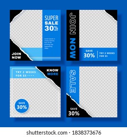 Fitness class editable social media posts banner template in black and blue, set of editable square illustrations, suitable for gym social media post and web ad
