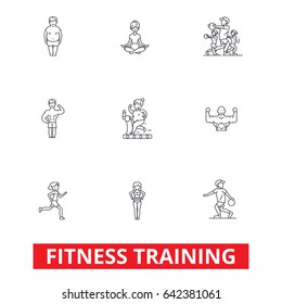 Fitness class gym, workout, running, crossfit, sports, personal trainer,training line icons. Editable strokes. Flat design vector illustration symbol concept. Linear signs isolated on white background