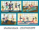 Fitness class. People doing sport exercise together in gym. Yoga workout. Pilates group training. Athletic instructor. Team aerobics. Cardio fit. Physical health and wellness. Vector illustrations set