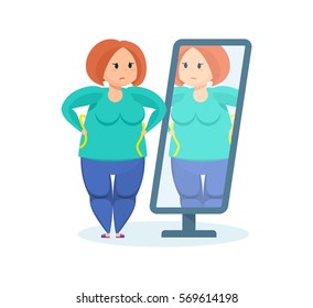 Fitness classes concept. Full girl looks in the mirror, with a sad face, wanting to lose weight and wear your favorite clothes. Can be used in banner, mobile app, design.