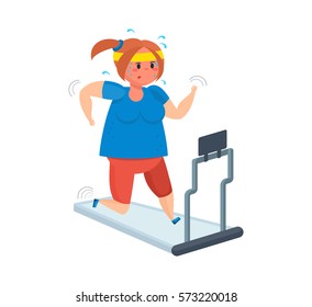 Fitness classes concept. Full girl goes in for sports, moving on a treadmill, shedding excess weight and strengthen their health. Can be used in banner, mobile app, design.