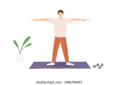 Fitness classes at home. The man is doing sports exercises. The young man is engaged in gymnastics at home. Keeping fit, healthy lifestyle. Vector illustration isolated on white background